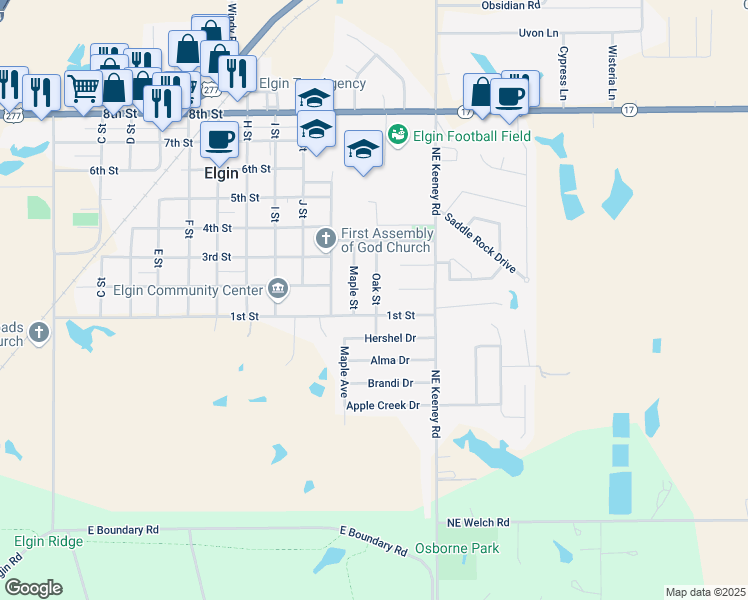 map of restaurants, bars, coffee shops, grocery stores, and more near 105 Oak Street in Elgin
