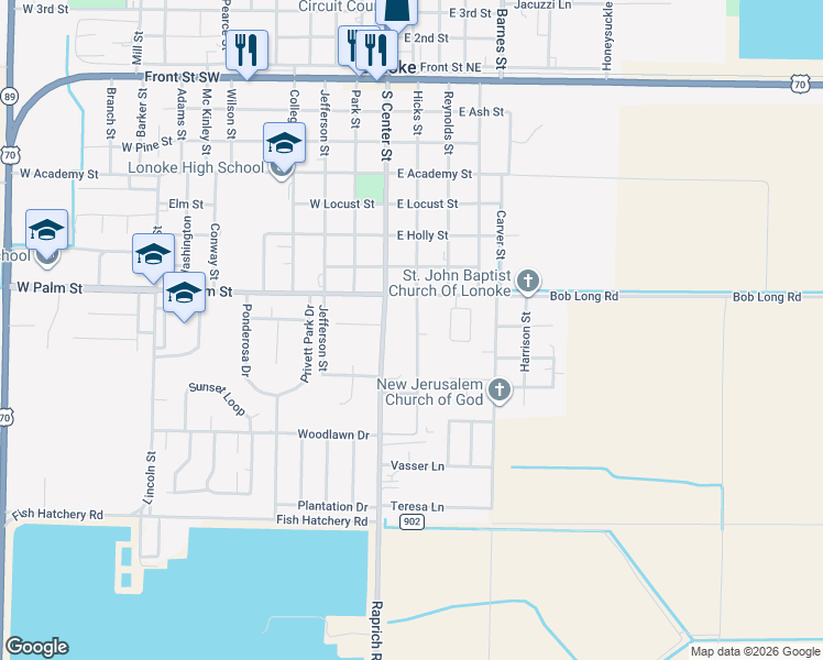 map of restaurants, bars, coffee shops, grocery stores, and more near 816 Hicks Street in Lonoke