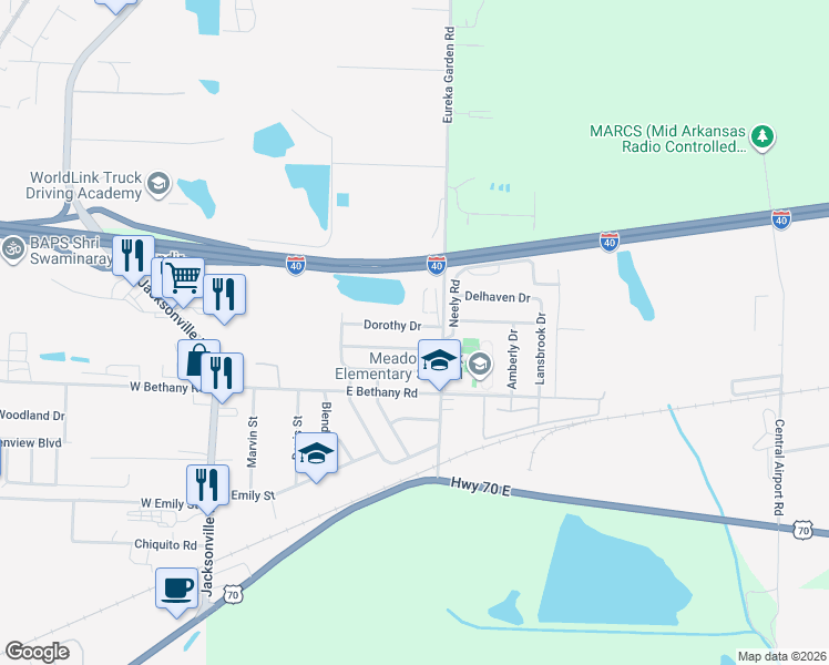 map of restaurants, bars, coffee shops, grocery stores, and more near 700 Dorothy Dr in North Little Rock
