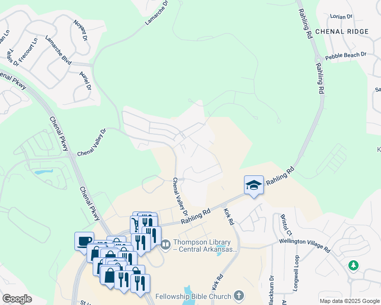 map of restaurants, bars, coffee shops, grocery stores, and more near 1 Chenal Heights Drive in Little Rock