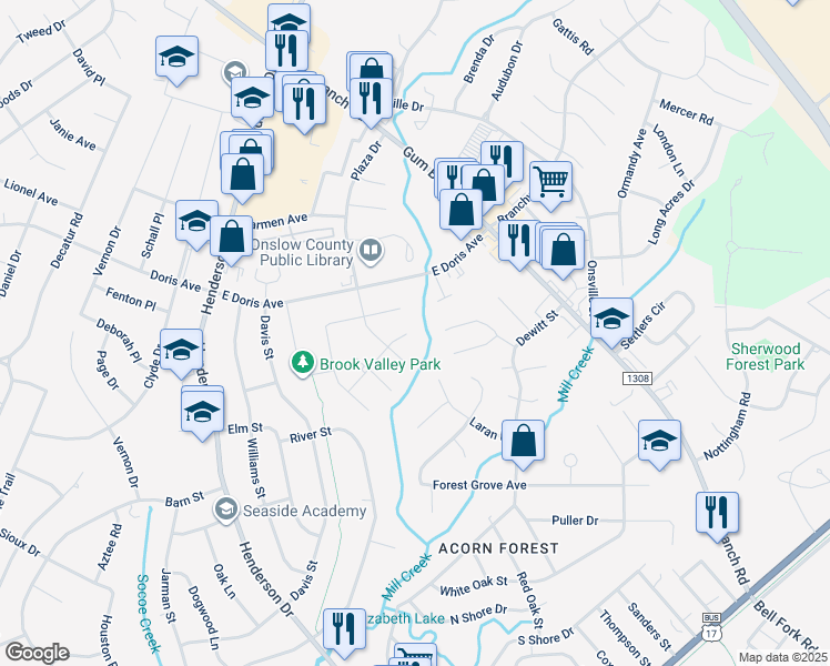 map of restaurants, bars, coffee shops, grocery stores, and more near 100 Quality Lane in Jacksonville
