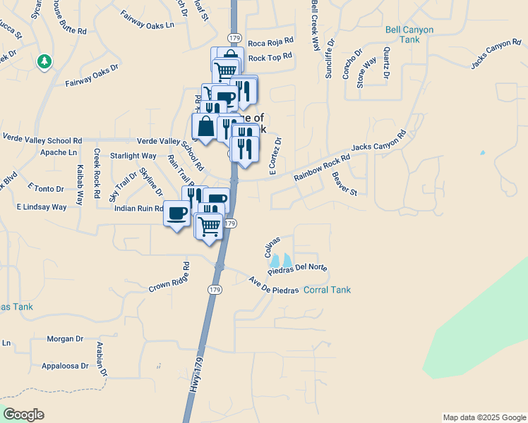 map of restaurants, bars, coffee shops, grocery stores, and more near 145 Palo Verde Circle in Sedona
