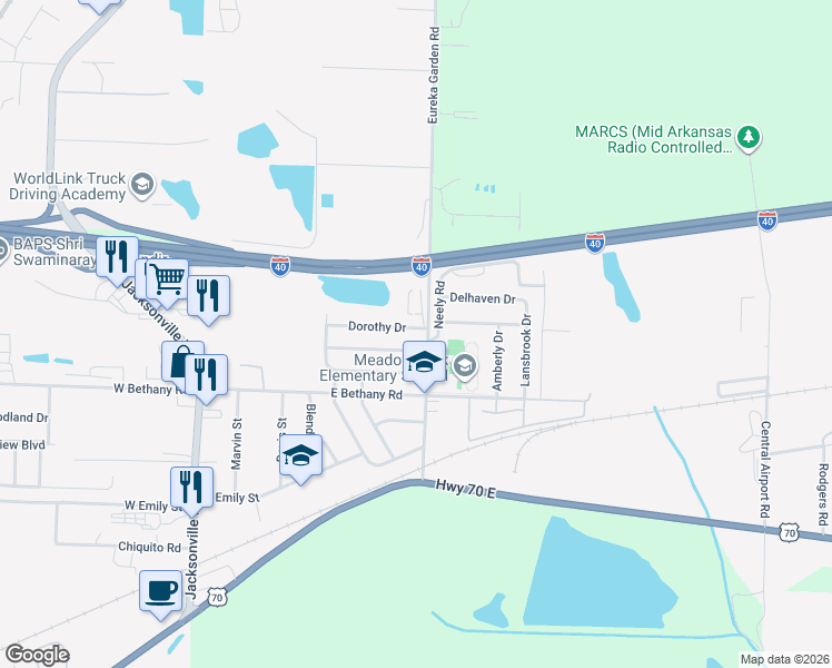 map of restaurants, bars, coffee shops, grocery stores, and more near 700 Dorothy Drive in North Little Rock