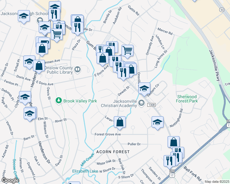 map of restaurants, bars, coffee shops, grocery stores, and more near 208 Bracken Place in Jacksonville