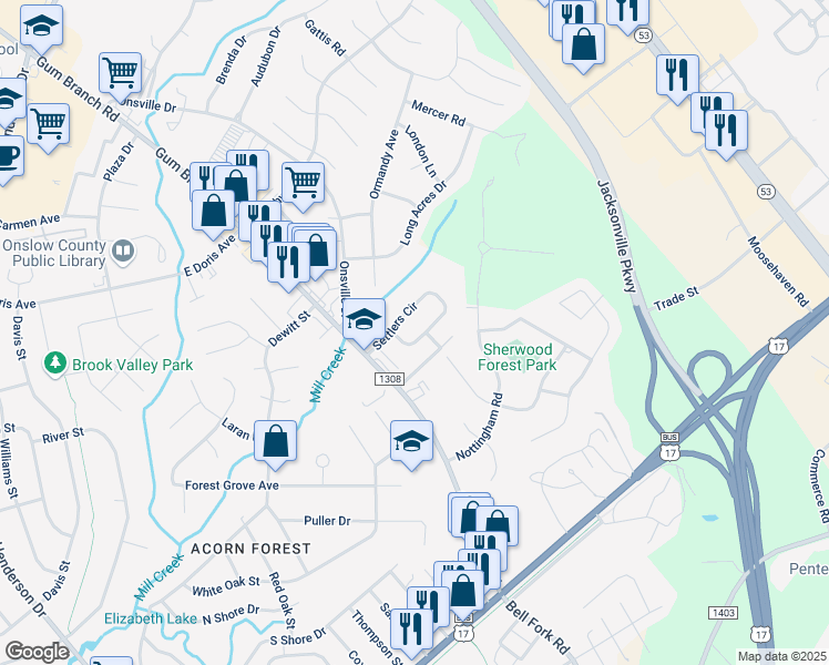 map of restaurants, bars, coffee shops, grocery stores, and more near 158 Settlers Circle in Jacksonville