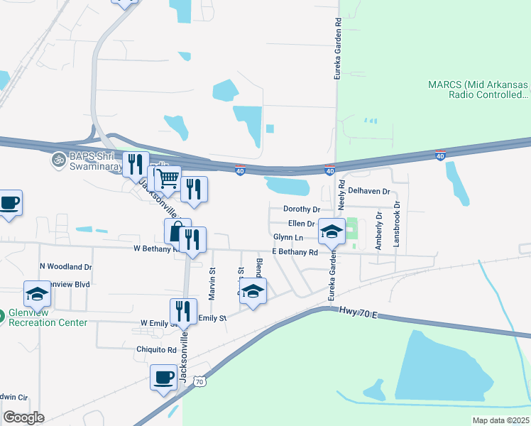 map of restaurants, bars, coffee shops, grocery stores, and more near 313 Glynn Lane in North Little Rock