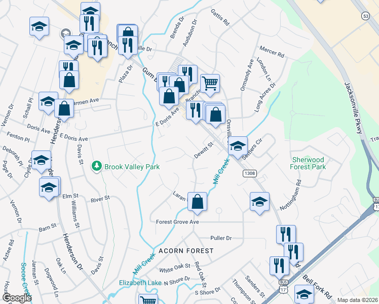 map of restaurants, bars, coffee shops, grocery stores, and more near 103 Highland Court in Jacksonville