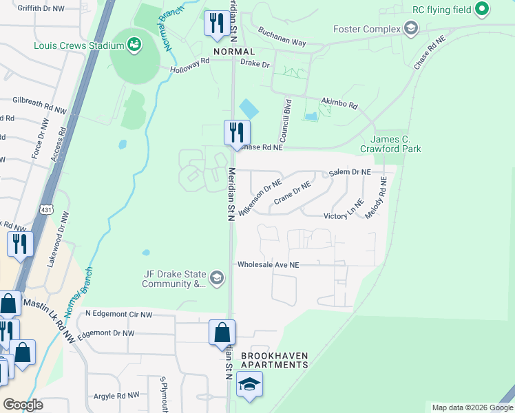 map of restaurants, bars, coffee shops, grocery stores, and more near 184 Wilkenson Drive Northeast in Huntsville