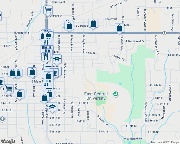 map of restaurants, bars, coffee shops, grocery stores, and more near 1198 East 10th Street in Ada