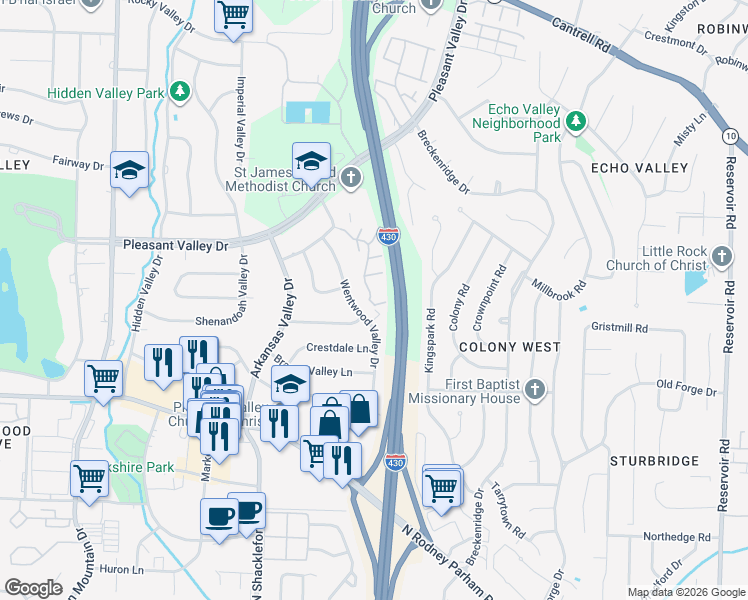 map of restaurants, bars, coffee shops, grocery stores, and more near 3 Kingsbridge Way in Little Rock