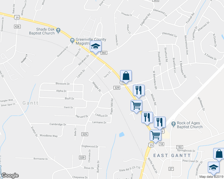map of restaurants, bars, coffee shops, grocery stores, and more near South Fairfield Road in Greenville