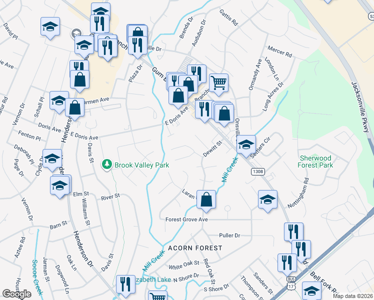map of restaurants, bars, coffee shops, grocery stores, and more near 311 Bracken Place in Jacksonville
