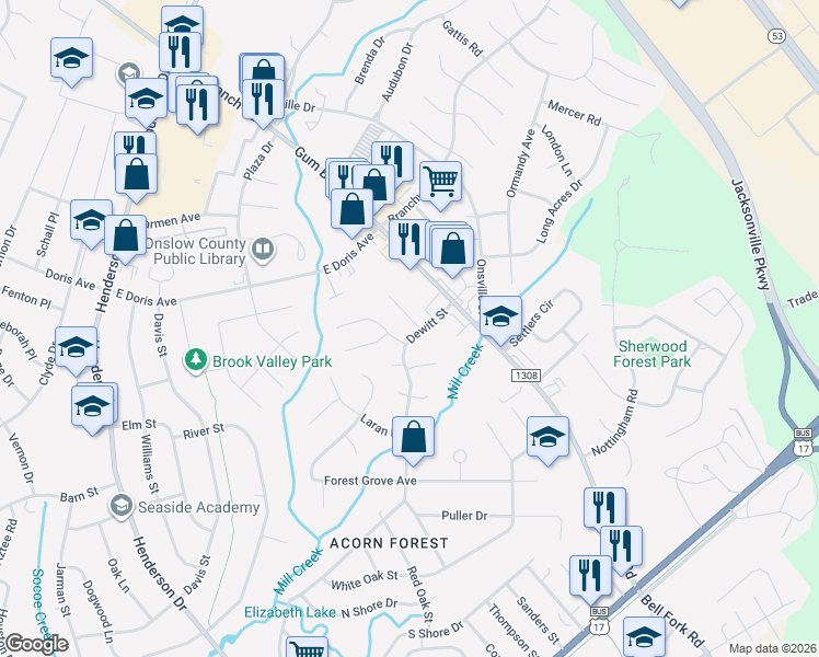 map of restaurants, bars, coffee shops, grocery stores, and more near 103 Highland Court in Jacksonville