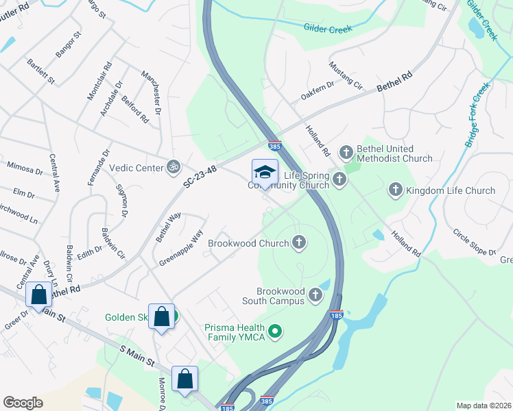 map of restaurants, bars, coffee shops, grocery stores, and more near 111 Bethel School Road in Simpsonville