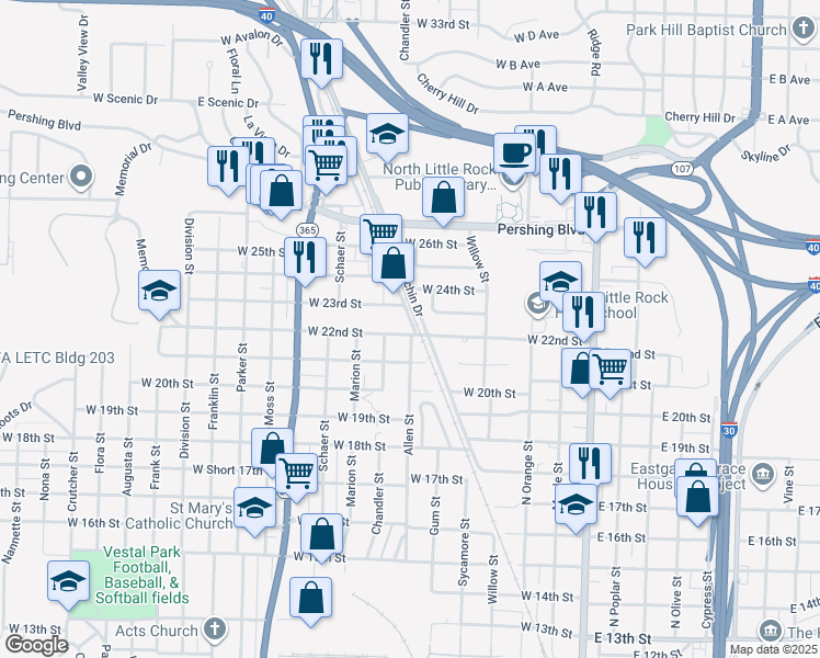 map of restaurants, bars, coffee shops, grocery stores, and more near 601 West 22nd Street in North Little Rock