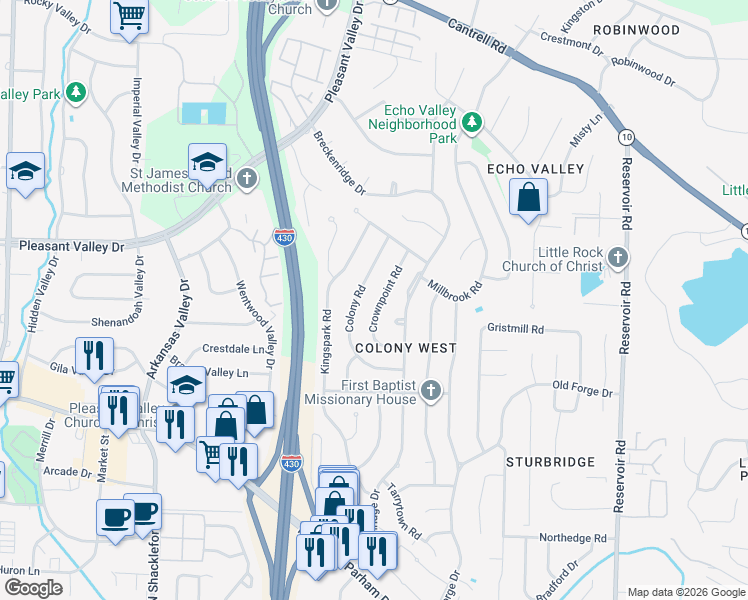 map of restaurants, bars, coffee shops, grocery stores, and more near 24 Crownpoint Road in Little Rock