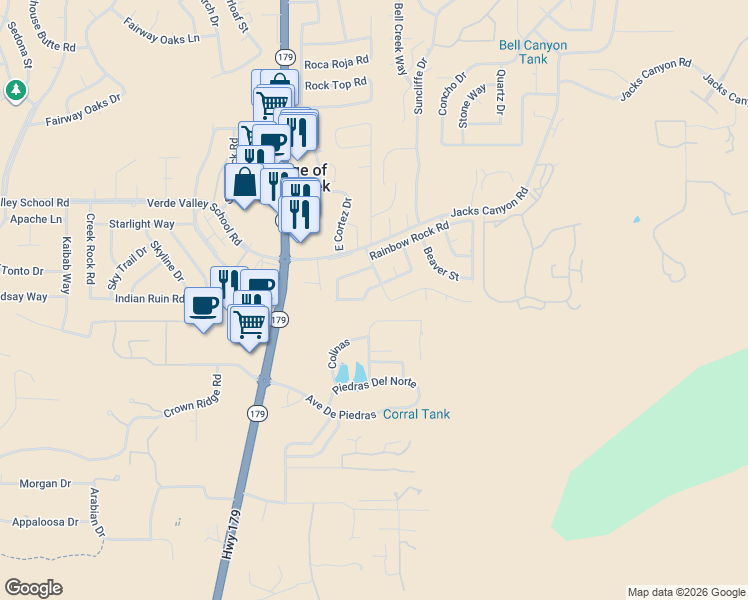 map of restaurants, bars, coffee shops, grocery stores, and more near 200 Palo Verde Circle in Sedona