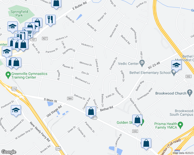 map of restaurants, bars, coffee shops, grocery stores, and more near 403 Central Avenue in Mauldin
