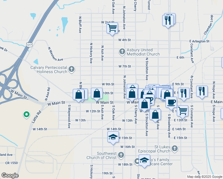 map of restaurants, bars, coffee shops, grocery stores, and more near 211 North Oak Avenue in Ada