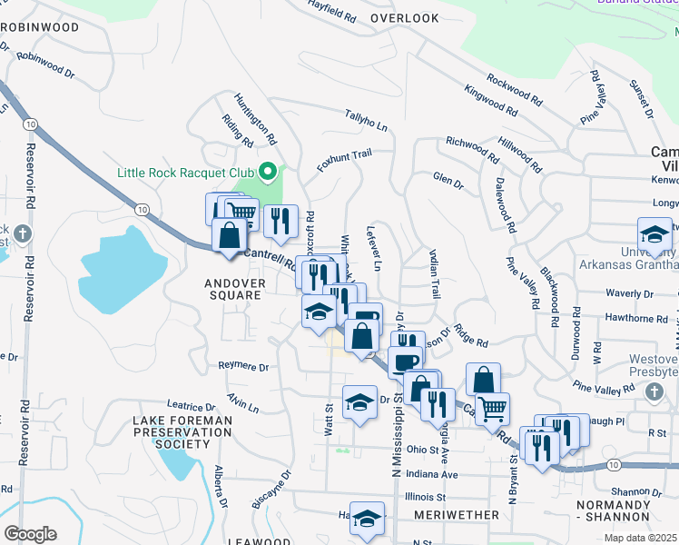 map of restaurants, bars, coffee shops, grocery stores, and more near 77 White Oak Lane in Little Rock