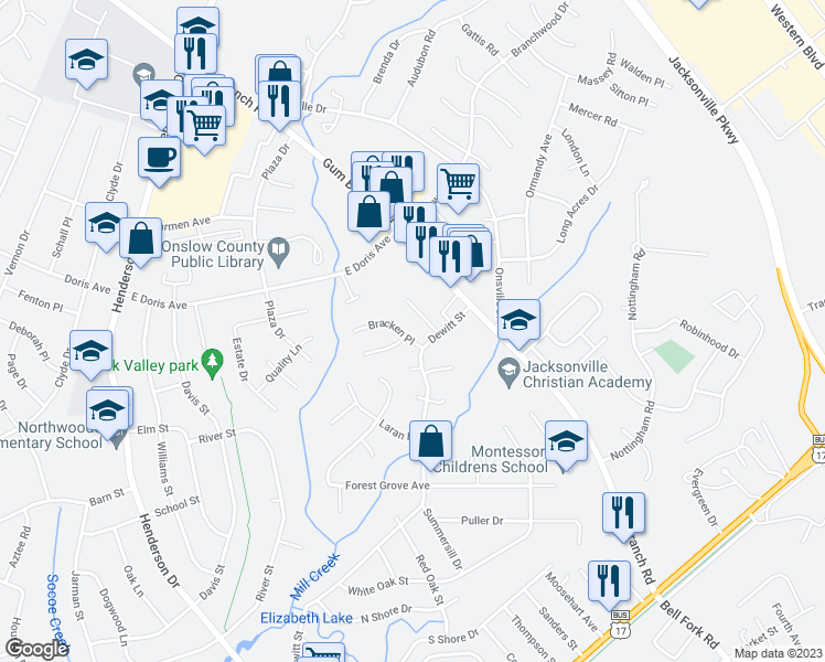 map of restaurants, bars, coffee shops, grocery stores, and more near 210 Bracken Place in Jacksonville