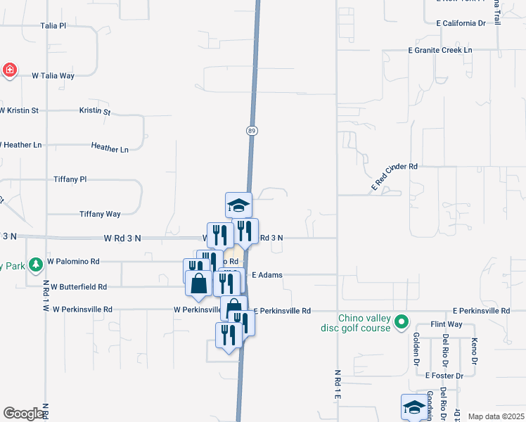 map of restaurants, bars, coffee shops, grocery stores, and more near 2079 Highway 89 in Chino Valley