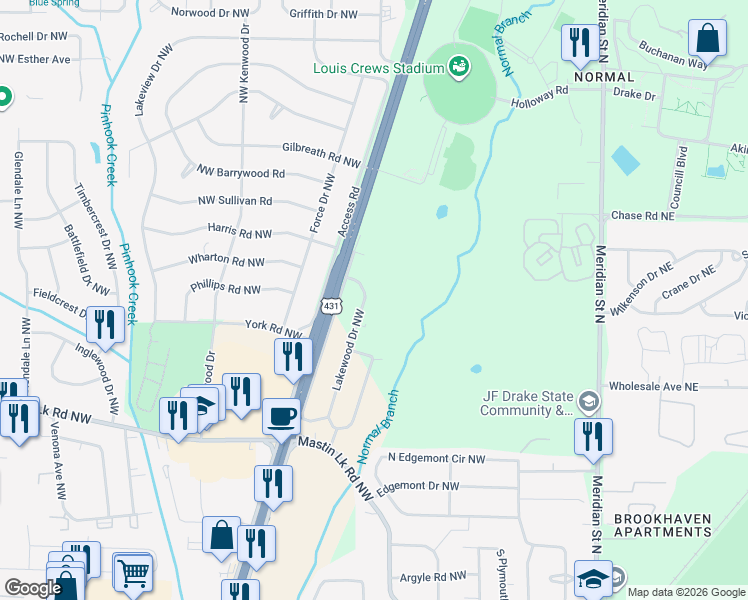 map of restaurants, bars, coffee shops, grocery stores, and more near 3816 Lakewood Drive Northwest in Huntsville