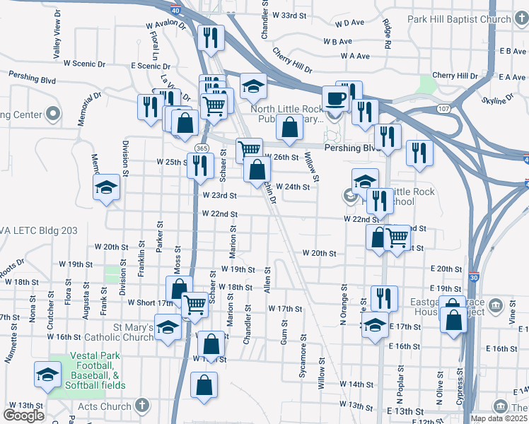 map of restaurants, bars, coffee shops, grocery stores, and more near 601 West 22nd Street in North Little Rock