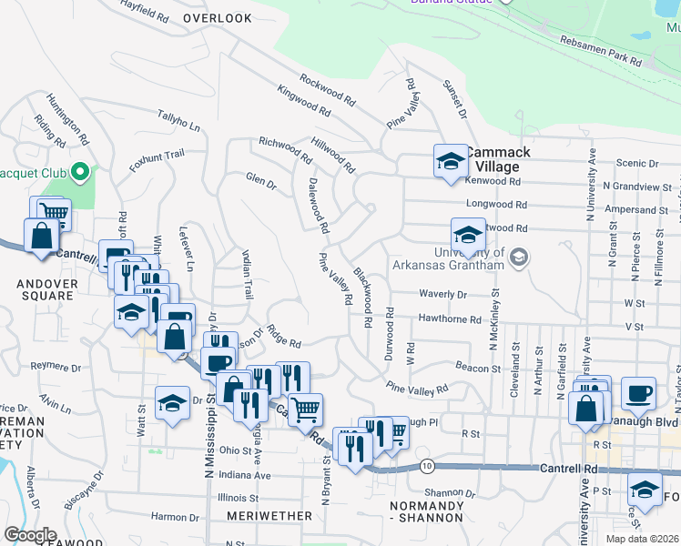 map of restaurants, bars, coffee shops, grocery stores, and more near 1109 Pine Valley Road in Little Rock