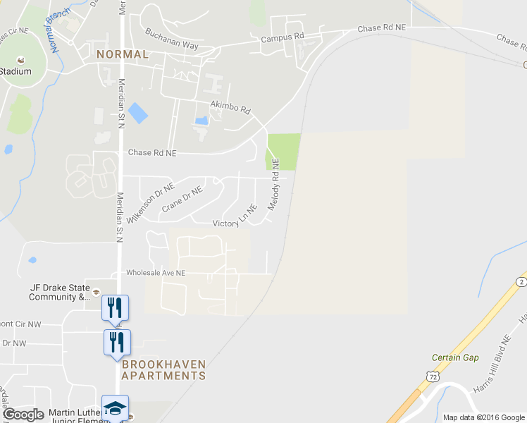 map of restaurants, bars, coffee shops, grocery stores, and more near 3809 Melody Road Northeast in Huntsville