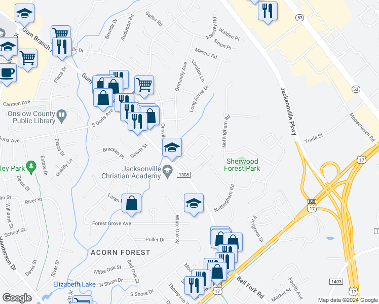 map of restaurants, bars, coffee shops, grocery stores, and more near 118 Settlers Circle in Jacksonville
