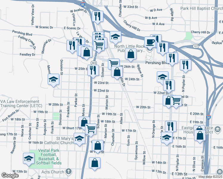 map of restaurants, bars, coffee shops, grocery stores, and more near 707 West 22nd Street in North Little Rock