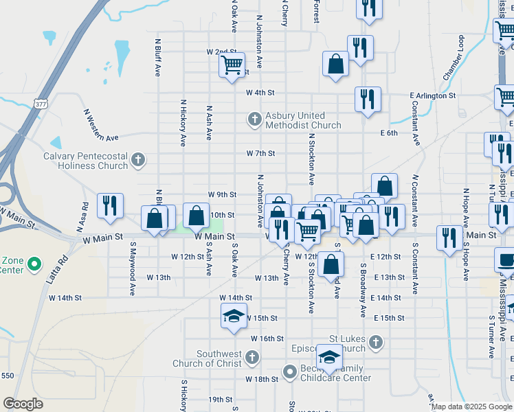 map of restaurants, bars, coffee shops, grocery stores, and more near 209 North Johnston Avenue in Ada