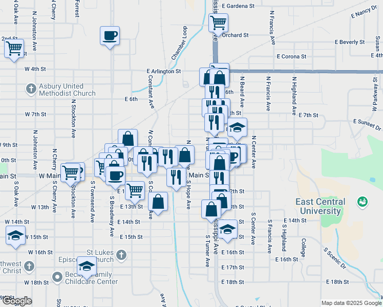 map of restaurants, bars, coffee shops, grocery stores, and more near 204 North Hope Avenue in Ada