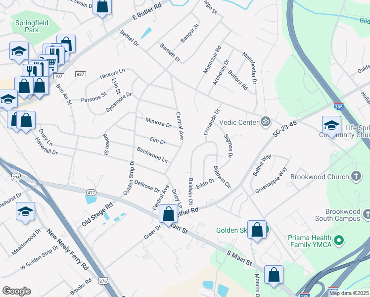 map of restaurants, bars, coffee shops, grocery stores, and more near 500 Central Avenue in Mauldin