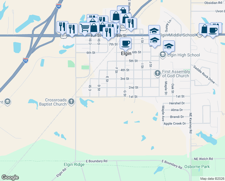map of restaurants, bars, coffee shops, grocery stores, and more near 106 F Street in Elgin