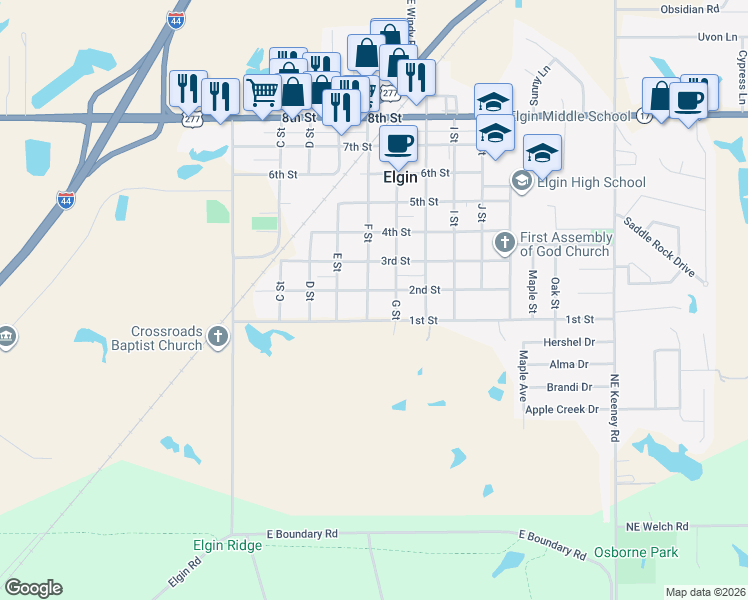 map of restaurants, bars, coffee shops, grocery stores, and more near 106 F St in Elgin