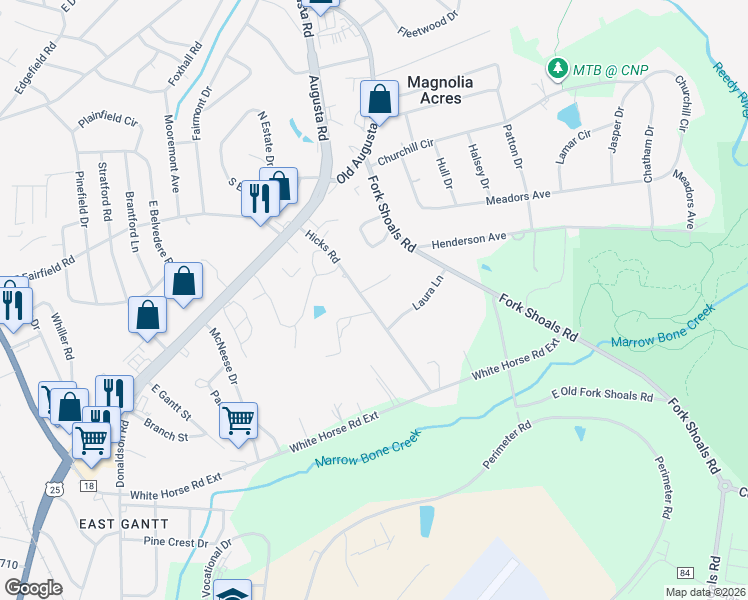 map of restaurants, bars, coffee shops, grocery stores, and more near 106 Hicks Road in Greenville