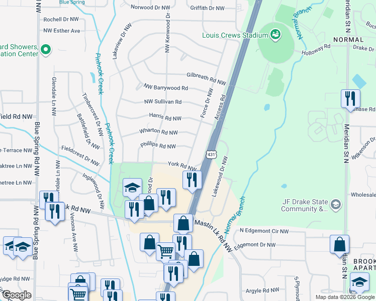 map of restaurants, bars, coffee shops, grocery stores, and more near 2101 Phillips Road Northwest in Huntsville