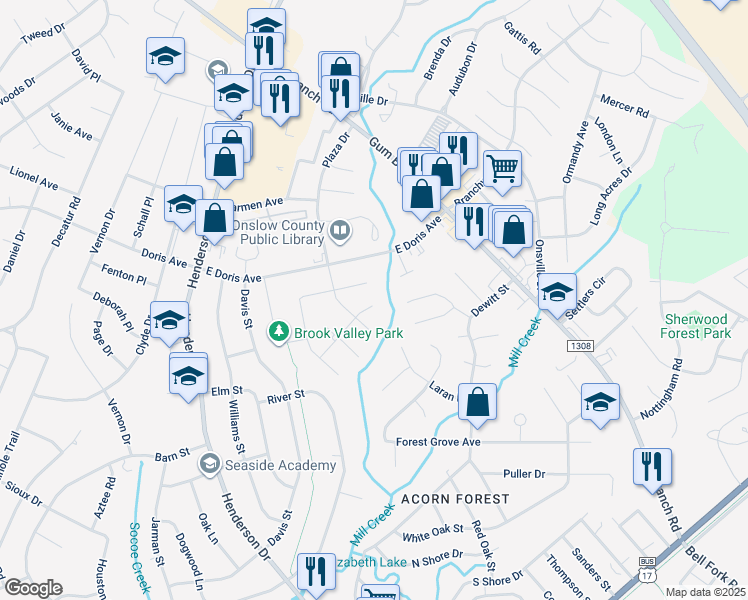 map of restaurants, bars, coffee shops, grocery stores, and more near 102 Quality Lane in Jacksonville
