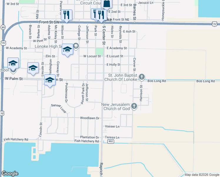map of restaurants, bars, coffee shops, grocery stores, and more near 816 Hicks Street in Lonoke