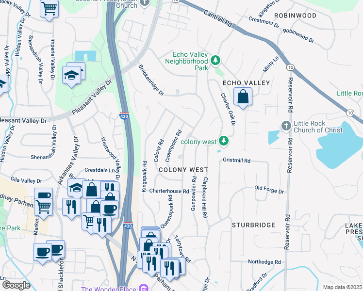 map of restaurants, bars, coffee shops, grocery stores, and more near 2312 Breckenridge Drive in Little Rock