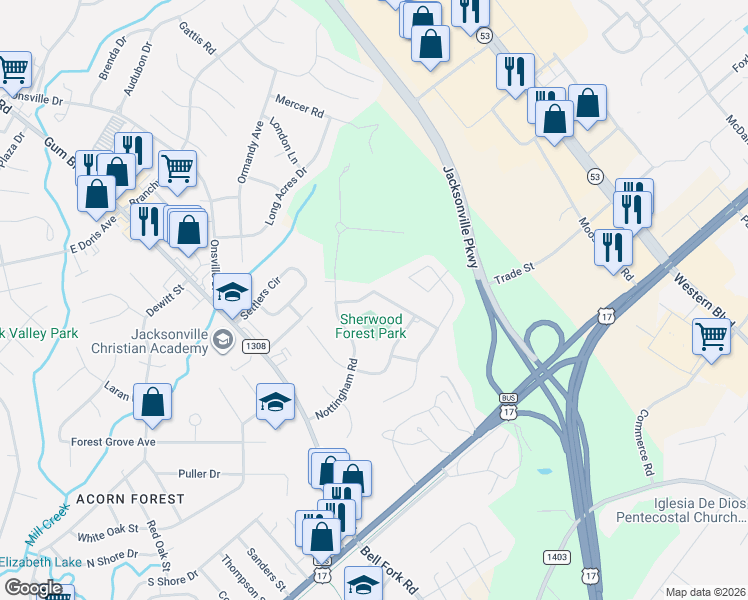 map of restaurants, bars, coffee shops, grocery stores, and more near 121 Robinhood Drive in Jacksonville