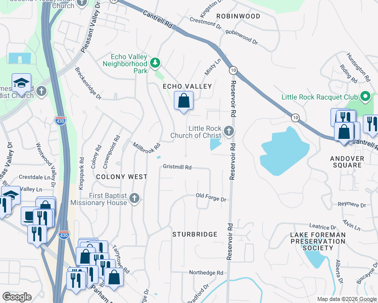 map of restaurants, bars, coffee shops, grocery stores, and more near 2521 Echo Valley Dr in Little Rock