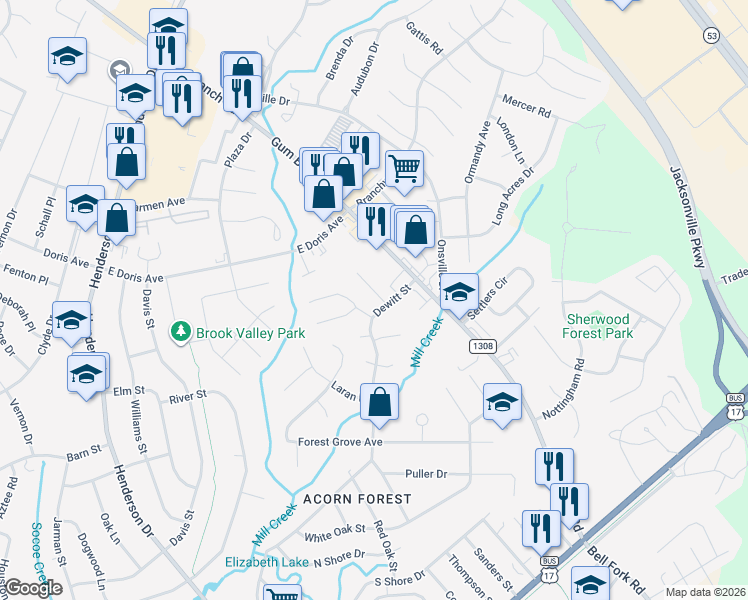map of restaurants, bars, coffee shops, grocery stores, and more near 103 Highland Court in Jacksonville