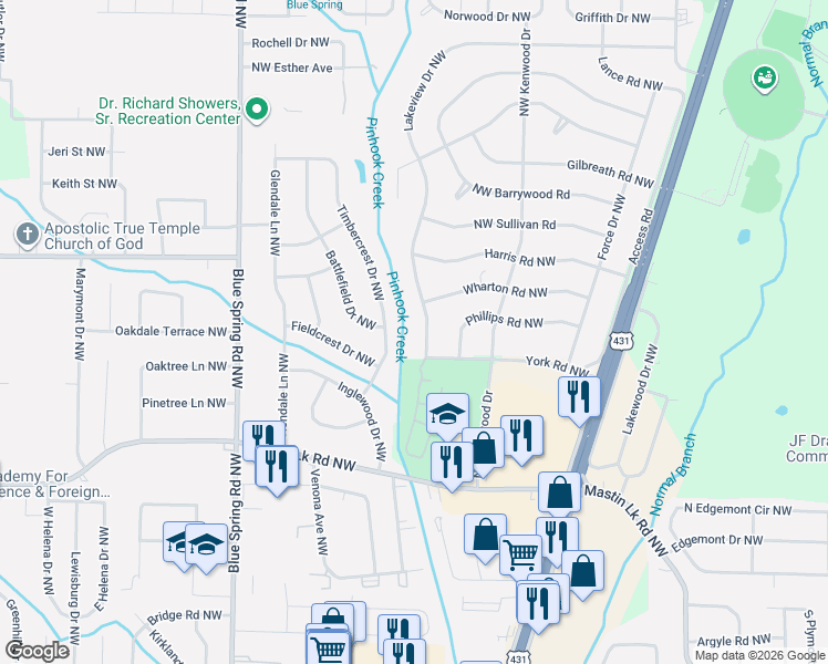 map of restaurants, bars, coffee shops, grocery stores, and more near 3807 Lakeview Drive Northwest in Huntsville
