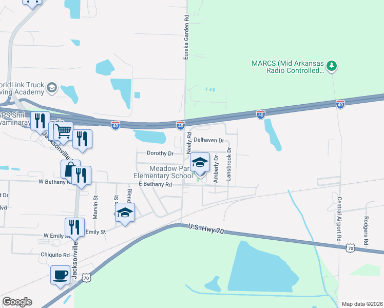 map of restaurants, bars, coffee shops, grocery stores, and more near 6500 Medford Lane in North Little Rock
