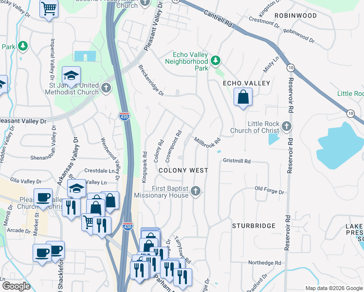 map of restaurants, bars, coffee shops, grocery stores, and more near 2312 Breckenridge Drive in Little Rock