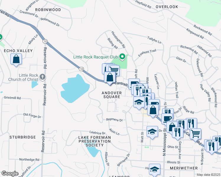 map of restaurants, bars, coffee shops, grocery stores, and more near in Little Rock