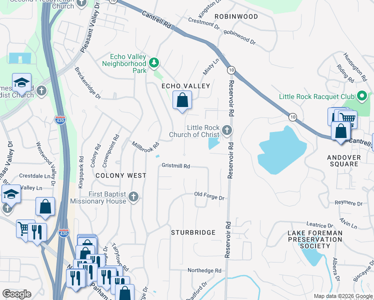map of restaurants, bars, coffee shops, grocery stores, and more near 2521 Echo Valley Drive in Little Rock